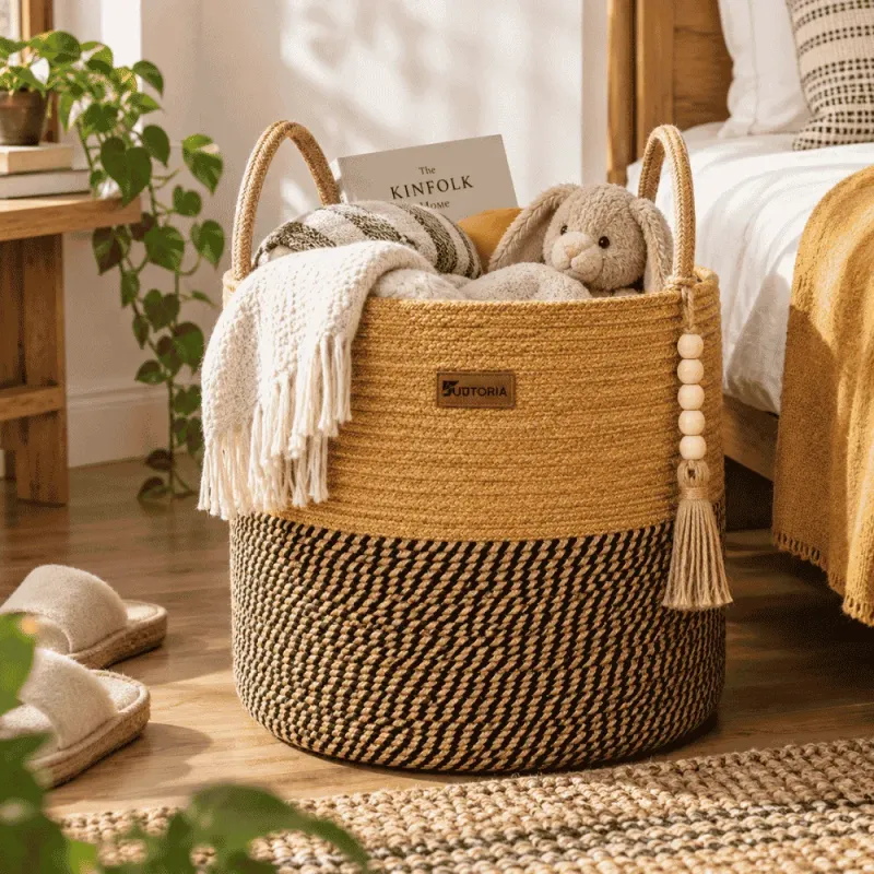 Yellow & Black Jute Decorative Storage Basket – image 2