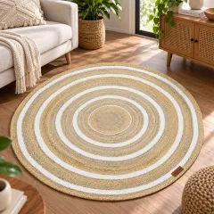 Hand-Braided Beige & White Striped Round Jute Rug, beige with white stripes colour – image 2