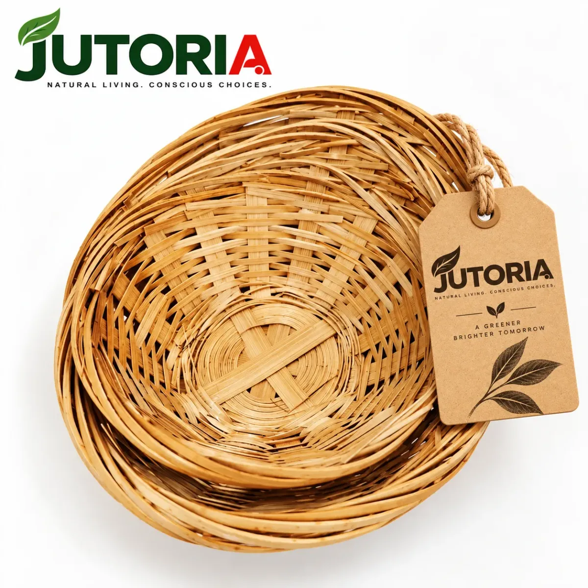 Natural Woven Bamboo Oval Fruit Basket Set – 3 Pieces, natural / light brown colour – image 2