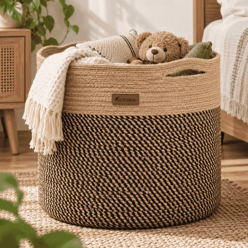 Black & Jute Round Storage Basket – image 2