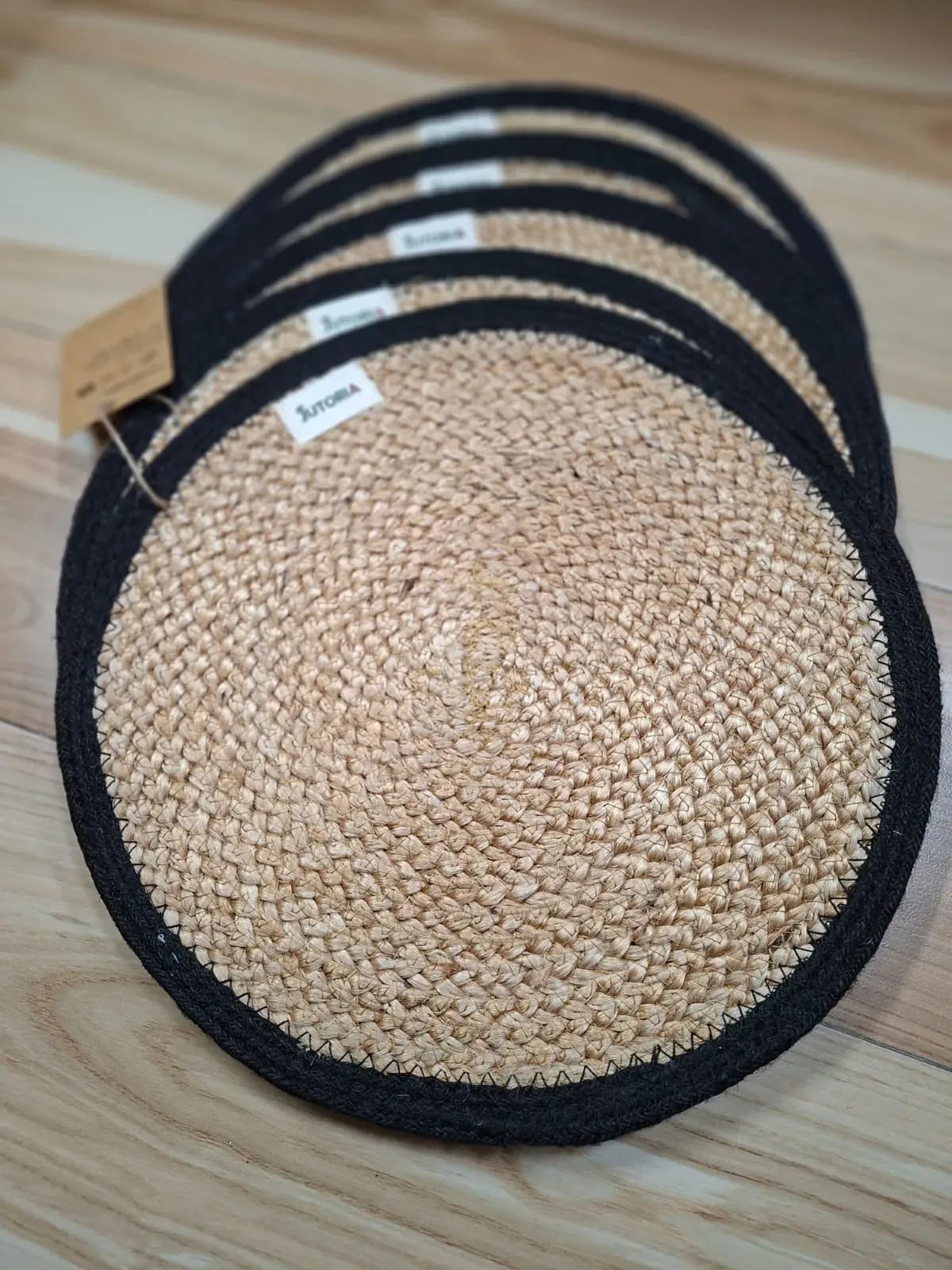 Pure Jute Braided Placemats (Set of 6) | 14" Round Handwoven Table Mats with Black Border, natural with black border colour