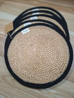 Pure Jute Braided Placemats (Set of 6) | 14" Round Handwoven Table Mats with Black Border, natural with black border colour