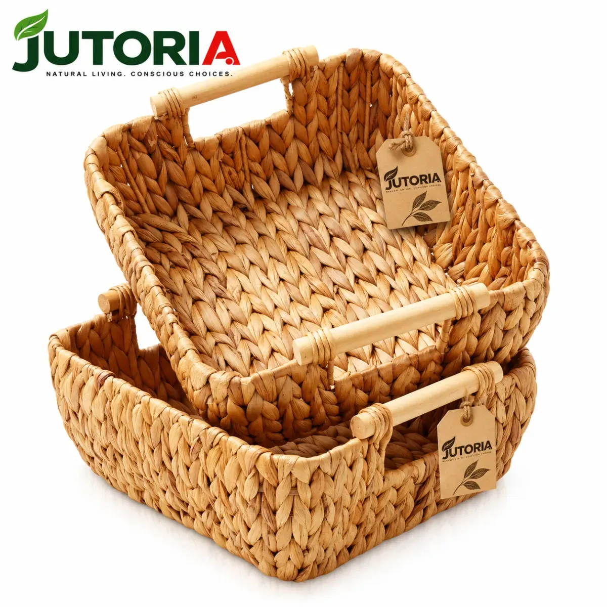 Natural Water Hyacinth Oval Storage Basket Set with Wooden Handles – Woven Organizer Bins